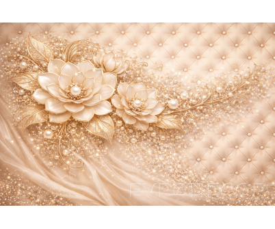 Луксозен фототапет със златни цветя, перли и капитониран фон